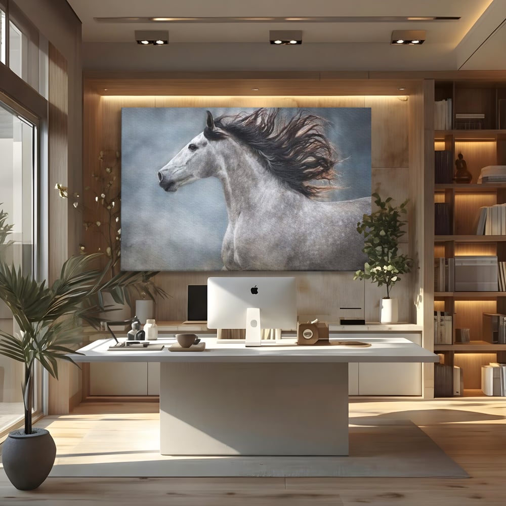 Tablou canvas cu tablou canvas cu armasar in miscare, fara rama, pe sasiu de lemn, pe perete intr-un birou